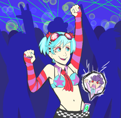 Size: 701x683 | Tagged: artist needed, safe, character:coco pommel, character:suri polomare, species:human, alternate hairstyle, angry, belt, clothing, dancing, detached sleeves, humanized, panties, phone, rave, smartphone, thong, underwear