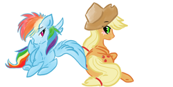 Size: 1012x512 | Tagged: artist needed, safe, character:applejack, character:rainbow dash, species:earth pony, species:pegasus, species:pony, ship:appledash, butt touch, feathermarking, female, lesbian, shipping, wing stroke