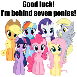 Size: 1500x1500 | Tagged: artist needed, source needed, safe, character:applejack, character:derpy hooves, character:fluttershy, character:pinkie pie, character:rainbow dash, character:rarity, character:twilight sparkle, species:pegasus, species:pony, caption, female, i'm behind x, image macro, mane six, mare, meme, simple background, transparent background