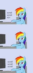 Size: 398x876 | Tagged: artist needed, safe, character:rainbow dash, species:pegasus, species:pony, computer, computer mouse, female, mare, reaction image, scrolling, simple background
