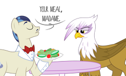 Size: 3500x2133 | Tagged: artist needed, safe, character:gilda, character:horte cuisine, species:griffon, frown, gilda is not amused, glare, hoof hold, salad, simple background, table, transparent background, unamused, vector, waiter