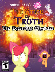 Size: 2550x3300 | Tagged: artist needed, safe, character:apple bloom, character:scootaloo, character:sweetie belle, species:pegasus, species:pony, cutie mark crusaders, esrb, explosion, fanfic art, fanfic cover, ponyville, south park, south park: the stick of truth, video game cover