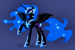 Size: 800x541 | Tagged: safe, artist:cheshiremoon7, character:nightmare moon, character:princess luna, species:alicorn, species:pony, cutie mark, helmet, open mouth, raised leg, slit eyes, solo, spread wings, wings