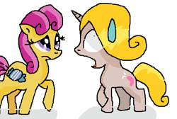 Size: 553x372 | Tagged: artist needed, source needed, safe, alternate version, character:bon bon (g1), oc, oc:angel, oc:angel the hairstylist pony, g1, my little pony tales, alternate hairstyle, bon bon is not amused, why