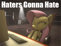 Size: 200x152 | Tagged: artist needed, safe, character:fluttershy, species:pony, 3d, animated, chair, computer, cute, eyes closed, female, gif for breezies, haters gonna hate, mare, meme, picture for breezies, shyabetes, smiling, solo, source filmmaker