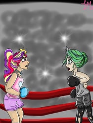 Size: 768x1024 | Tagged: artist needed, safe, character:princess cadance, character:queen chrysalis, species:human, boxing, boxing gloves, humanized