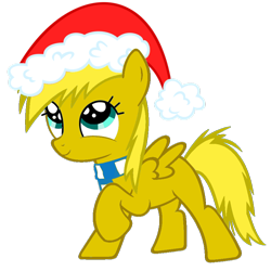 Size: 894x894 | Tagged: artist needed, safe, oc, oc only, oc:ticket, species:alicorn, species:pony, alicorn oc, clothing, filly, foal, hat, looking up, raised hoof, santa hat, simple background, smiling, solo, spread wings, transparent background, wings
