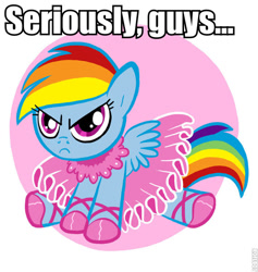 Size: 569x600 | Tagged: artist needed, safe, character:rainbow dash, species:pegasus, species:pony, abstract background, ballerina, clothing, dress, filly, foal, grumpy, rainbow dash always dresses in style, rainbow dash is not amused, rainbowrina, roflbot