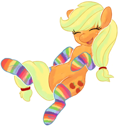 Size: 1126x1205 | Tagged: safe, artist:panda-chan, character:applejack, species:earth pony, species:pony, g4, clothing, eyes closed, happy, hooves, on back, rainbow socks, simple background, socks, solo, striped socks