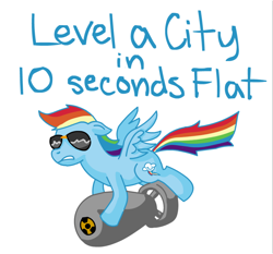 Size: 900x837 | Tagged: artist needed, safe, character:rainbow dash, species:pegasus, species:pony, atomic bomb, female, floppy ears, flying, mare, nuclear weapon, riding a bomb, simple background, solo, sunglasses, white background