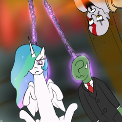 Size: 1000x1000 | Tagged: artist needed, safe, character:princess celestia, oc, oc:anon, species:alicorn, species:human, species:pony, chains, clothing, frown, god of war, greek mythology, hades, kratos, looking down, necktie, shirt, suit, sweat, sweatdrop