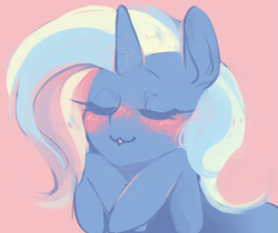 Size: 1023x861 | Tagged: artist needed, safe, character:trixie, species:pony, species:unicorn, blushing, eyes closed, kissy face, pink background, simple background, solo