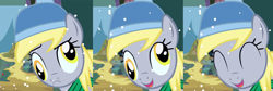 Size: 1646x554 | Tagged: artist needed, source needed, safe, character:derpy hooves, species:pony, beanie, clothing, cute, derpabetes, hat, scarf, silly, silly pony, smiling, snow, snowfall, solo, toque, tuque
