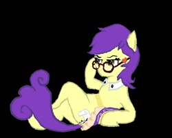 Size: 1000x800 | Tagged: artist needed, safe, oc, oc only, oc:miss ballpoint inkwell, species:earth pony, species:pony, black background, female, glasses, mare, on back, simple background, solo
