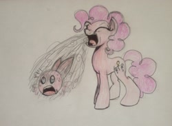 Size: 2086x1534 | Tagged: artist needed, safe, character:pinkie pie, crossover, imminent vore, kirby, kirby (character), role reversal, scared, sweat, this will end in tears and/or death, traditional art
