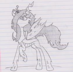 Size: 2992x2944 | Tagged: artist needed, safe, oc, oc only, oc:gray, species:changeling, changeling queen, changeling queen oc, changelingified, crown, female, lineart, lined paper, monochrome, raised hoof, solo, spread wings, tongue out, traditional art, wings