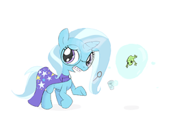 Size: 676x462 | Tagged: artist needed, safe, character:trixie, species:pony, species:unicorn, braces, bubble, cape, clothing, female, frog, mare, solo, younger