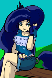 Size: 4000x6000 | Tagged: artist needed, safe, character:princess luna, species:human, breasts, busty princess luna, clothing, cute, female, humanized, meta, pun, reference, shirt, shorts, solo, t-shirt