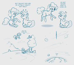 Size: 799x707 | Tagged: artist needed, safe, character:pinkie pie, character:twilight sparkle, blank flank, comic, gravity, monochrome, moon, physics, planet, tree, vulgar, world