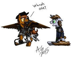 Size: 640x511 | Tagged: artist needed, source needed, safe, oc, oc only, oc:calamity, oc:littlepip, species:pegasus, species:pony, species:unicorn, fallout equestria, clothing, comic, fanfic, fanfic art, female, floppy ears, fluttershy medical saddlebag, gasp, gun, handgun, hooves, horn, loot, mare, medical saddlebag, more dakka, mouth hold, open mouth, pipbuck, revolver, saddle bag, signature, simple background, sitting, spread wings, talking with your mouth full, vault suit, weapon, white background, wings