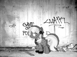 Size: 2592x1944 | Tagged: artist needed, safe, species:earth pony, species:pony, 90s cheerilee, female, graffiti, headphones, mare, monochrome, solo, vector, wall, wallpaper