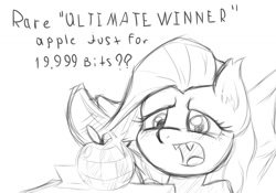 Size: 1200x841 | Tagged: artist needed, safe, character:flutterbat, character:fluttershy, apple, monochrome, sketch, solo