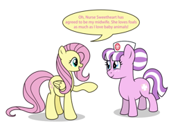 Size: 500x364 | Tagged: artist needed, safe, character:fluttershy, character:nurse sweetheart, species:earth pony, species:pegasus, species:pony, ask, duo female, female, mare, pregnant, simple background, white background