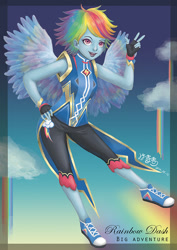 Size: 600x848 | Tagged: artist needed, source needed, useless source url, safe, character:rainbow dash, species:human, alternate hairstyle, clothing, converse, cutie mark, cutie mark on clothes, female, gloves, humanized, pony coloring, solo, winged humanization, wings