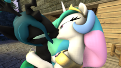 Size: 1024x576 | Tagged: artist needed, safe, character:princess celestia, character:queen chrysalis, ship:chryslestia, 3d, bedroom eyes, female, kissing, lesbian, shipping, source filmmaker