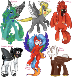 Size: 946x1000 | Tagged: artist needed, source needed, safe, oc, oc only, species:parrot, species:pegasus, species:penguin, species:pony, bald eagle, bird pone, cardinal, cockatiel, eagle, macaw, peacock