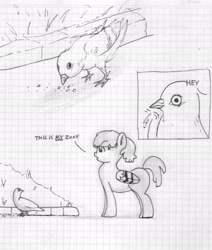 Size: 1904x2245 | Tagged: artist needed, safe, character:turf, oc, oc:peep, species:bird, bird pone, caught, comic, crumbs, eating, graph paper, grass, monochrome, pigeon, territory, traditional art