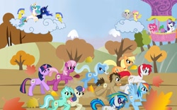 Size: 1920x1200 | Tagged: artist needed, safe, character:applejack, character:bon bon, character:cheerilee, character:derpy hooves, character:dj pon-3, character:doctor whooves, character:fluttershy, character:lyra heartstrings, character:pinkie pie, character:princess celestia, character:princess luna, character:rainbow dash, character:rarity, character:spike, character:sweetie drops, character:time turner, character:trixie, character:twilight sparkle, character:vinyl scratch, species:alicorn, species:dragon, species:earth pony, species:pegasus, species:pony, species:unicorn, hot air balloon, mane seven, mane six, running of the leaves