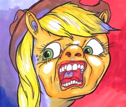 Size: 608x515 | Tagged: artist needed, safe, artist:bapplejuice, character:applejack, album cover, human teeth, in the court of the crimson king, king crimson, parody, progressive rock, solo, wat