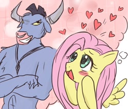 Size: 600x510 | Tagged: artist needed, safe, character:fluttershy, character:iron will, ship:ironshy, blushing, female, heart, male, shipping, straight, wingboner