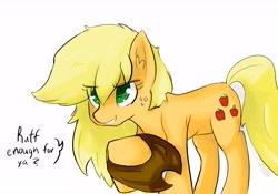 Size: 10000x7000 | Tagged: artist needed, safe, character:applejack, /mlp/, absurd resolution, clothing, cowboy hat, dialogue, drawthread, grin, hat, loose hair, messy mane, solo, stetson