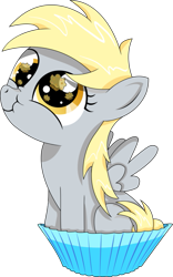 Size: 467x750 | Tagged: safe, artist:bronytoss, character:derpy hooves, species:pegasus, species:pony, cute, derpabetes, filly, muffin, scrunchy face, simple background, sitting, solo, transparent background