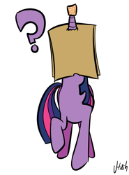 Size: 647x873 | Tagged: artist needed, safe, character:twilight sparkle, cork, dork, horn guard, paper bag, question mark, raised hoof, solo