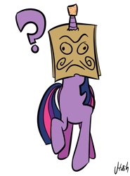 Size: 647x873 | Tagged: artist needed, safe, character:twilight sparkle, cork, dork, horn guard, paper bag, question mark, raised hoof, solo