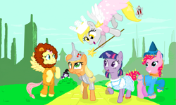 Size: 801x481 | Tagged: artist needed, safe, artist:hipster-ponies, artist:kasun05, artist:shutterflye, character:applejack, character:derpy hooves, character:fluttershy, character:rarity, character:twilight sparkle, species:diamond dog, species:earth pony, species:pegasus, species:pony, species:unicorn, clothing, costume, dress, dressup, flockdraw, hat, hiding, magic wand, the wizard of oz, witch hat