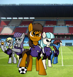 Size: 792x831 | Tagged: artist needed, safe, character:coco pommel, character:derpy hooves, character:maud pie, oc, oc:maría teresa de los ponyos paguetti, species:pegasus, species:pony, 4chan cup, female, mare, stadium