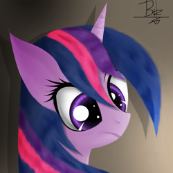 Size: 2000x2000 | Tagged: artist needed, safe, character:twilight sparkle, character:twilight sparkle (alicorn), species:alicorn, species:pony, bust, female, frown, gradient background, looking down, mare, portrait, shadow, signature, solo