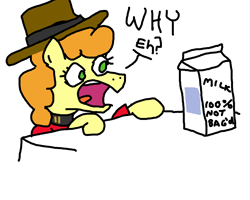 Size: 1280x1024 | Tagged: artist needed, safe, character:carrot top, character:golden harvest, canada, canadian, carton, clothing, eh, hat, jacket, joke, milk, milk carton, mountie, solo, stereotype, table