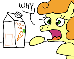 Size: 1280x1024 | Tagged: artist needed, safe, character:carrot top, character:golden harvest, /mlp/, carrot, carrot milk, carton, context is for the weak, dialogue, drawthread, eyes on the prize, open mouth, solo, table