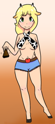 Size: 514x1151 | Tagged: artist needed, safe, character:applejack, species:human, /mlp/, bell, belly button, belt, clothing, cloven hooves, cow girl, cowbell, cowified, cowprint, daisy dukes, drawthread, female, freckles, hooves, horn, horned humanization, humanized, midriff, semi-anthro, solo