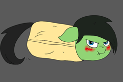 Size: 600x400 | Tagged: artist needed, safe, oc, oc only, oc:filly anon, /mlp/, blanket burrito, blushing, burrito, female, filly, ponified, scrunchy face, solo