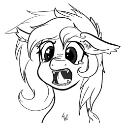Size: 500x500 | Tagged: artist needed, safe, artist:bees, oc, oc only, oc:nisha, species:bat pony, species:pony, /mlp/, braces, crying, drawthread, fangs, floppy ears, heart eyes, licking, monochrome, open mouth, sad, solo, teeth, tongue out, wingding eyes