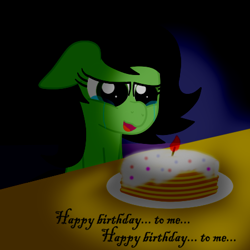 Size: 450x450 | Tagged: artist needed, safe, oc, oc only, oc:anon, oc:filly anon, birthday cake, cake, candle, crying, female, filly, happy birthday, happy birthday to me, neglect, pancakes, sad, solo, tear jerker