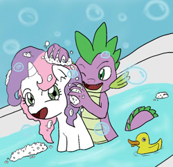 Size: 798x770 | Tagged: artist needed, safe, character:spike, character:sweetie belle, ship:spikebelle, bath, bathing, bathtub, bubble, female, male, shipping, straight