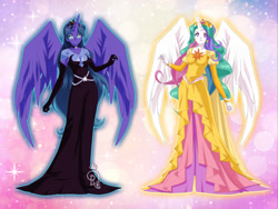 Size: 800x600 | Tagged: artist needed, source needed, safe, character:nightmare moon, character:princess celestia, character:princess luna, species:alicorn, species:human, species:pony, clothing, day, dress, filly, glowy sparkly, humanized, moon, night, princess, royalty, sailor moon, sailor senshi, sailor senshi maker, sisters, sparkles, sun