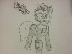 Size: 2048x1536 | Tagged: artist needed, safe, oc, oc only, oc:francium, species:pony, species:unicorn, fallout equestria, environmental suit, fallout equestria: ouroboros, gun, monochrome, solo, traditional art